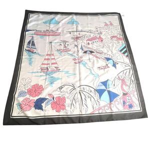Italian VTG Womens Scarf Mediterranean Boats Beach Lady Flowers 33.5" x 33.5"